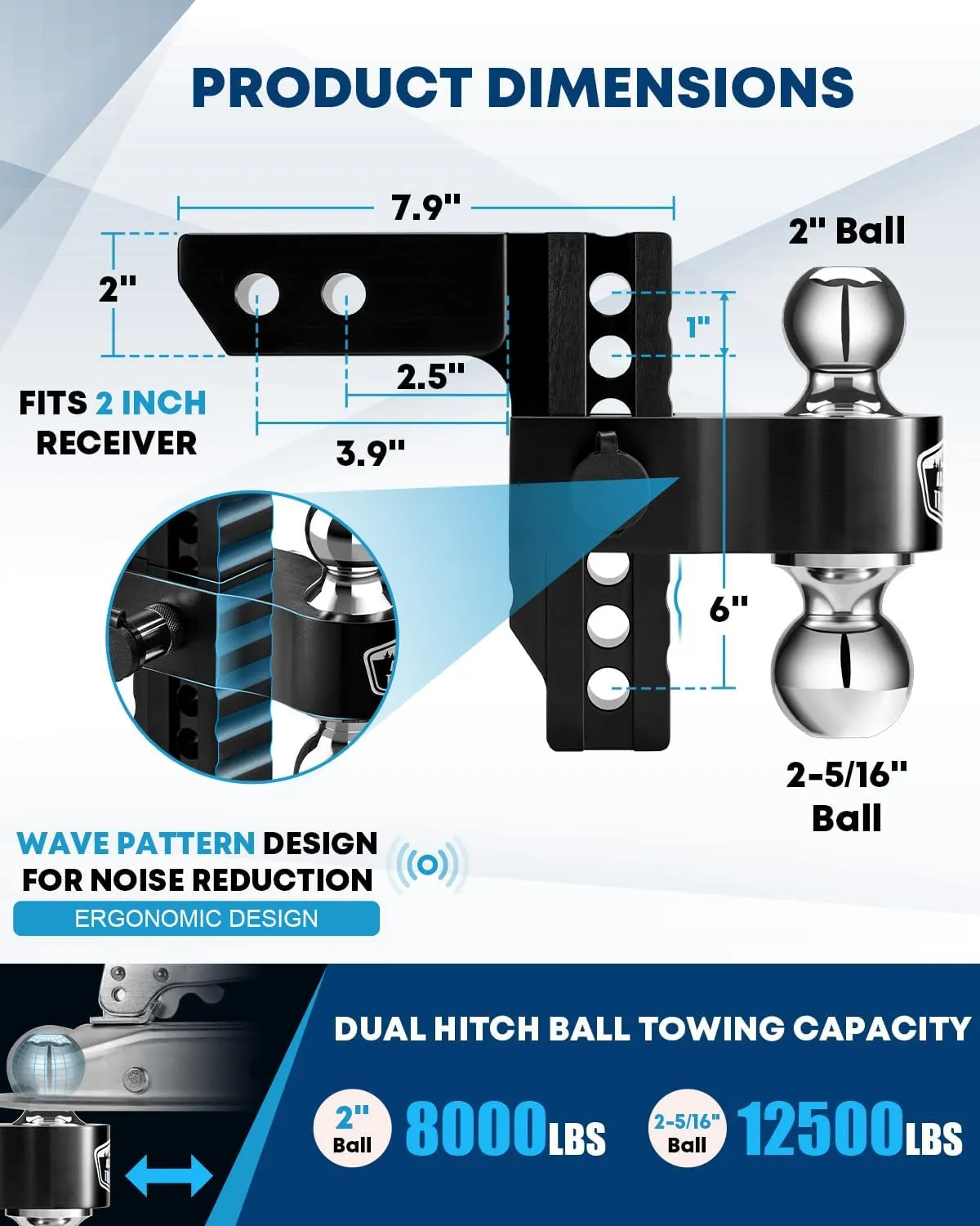 Kohree 6" Adjustable Trailer Hitch Fit 2 Inch Receiver, Dual Solid Ball 2" and 2-5/16"(12,500 LBS GTW), Drop & Rise Heavy Duty Aluminum Tow Hitch with 4 Silencer Pads & 2 Locking Hitch Pin, Black