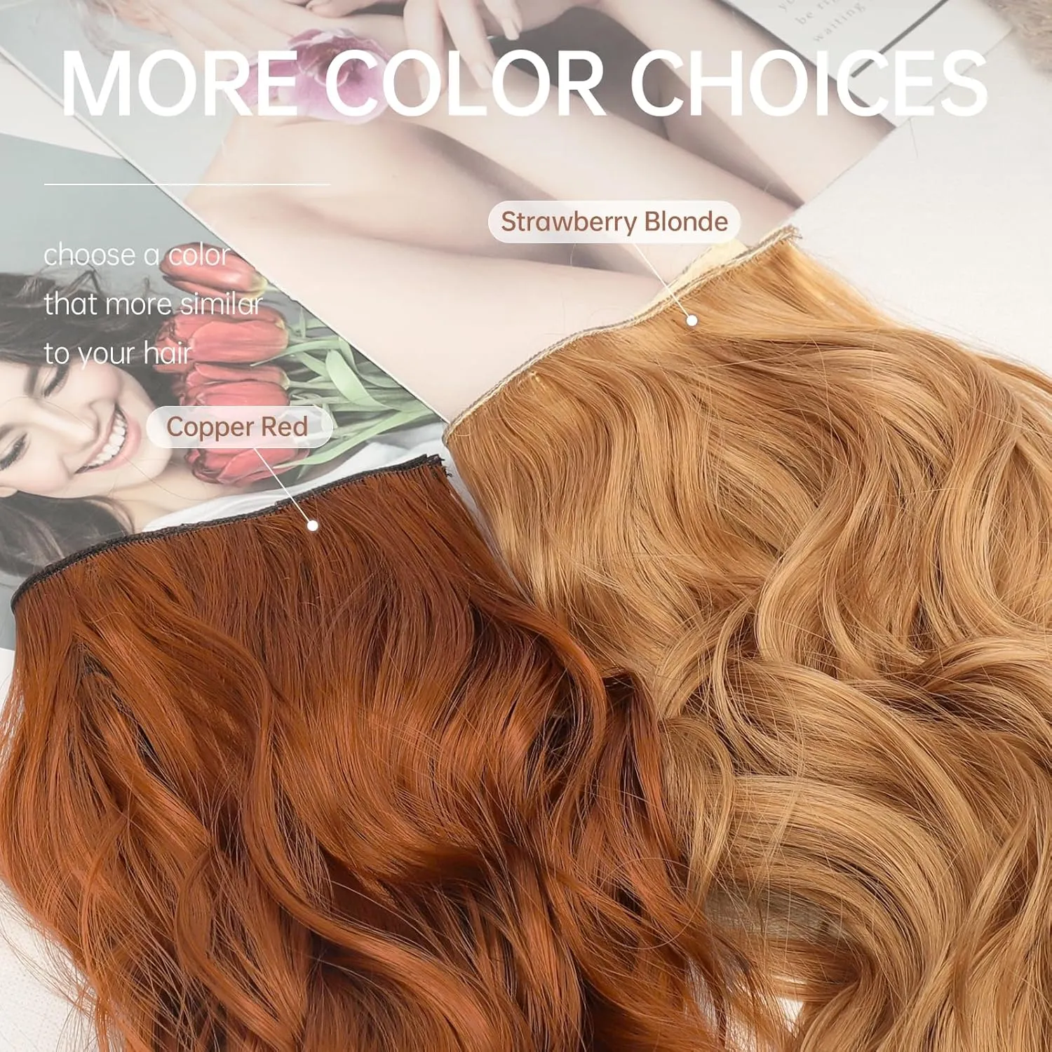 KooKaStyle Invisible Wire Hair Extensions with Transparent Headband Adjustable Size 4 Secure Clips Long Wavy Secret Wire Hairpiece for Women（Copper Red 20 Inch ）
