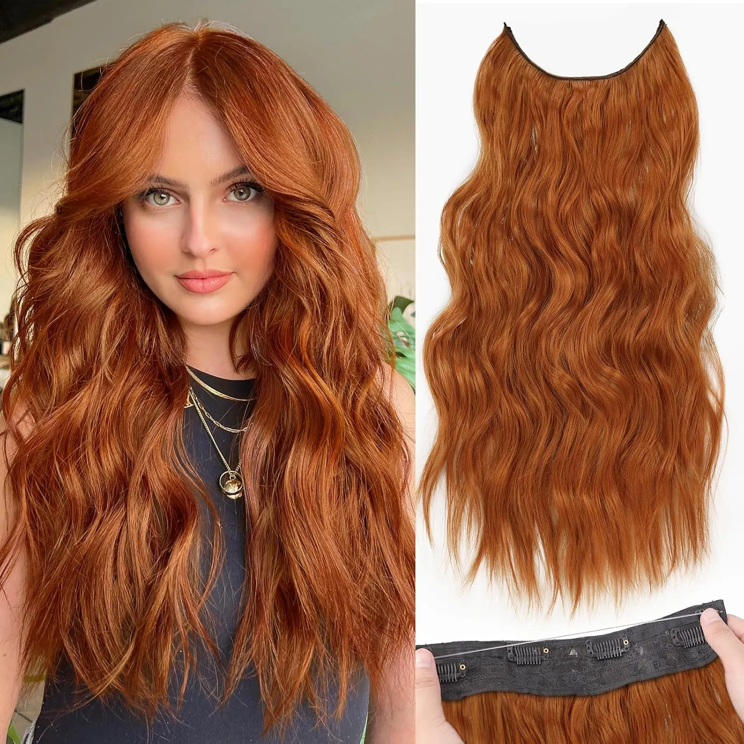 KooKaStyle Invisible Wire Hair Extensions with Transparent Headband Adjustable Size 4 Secure Clips Long Wavy Secret Wire Hairpiece for Women（Copper Red 20 Inch ）