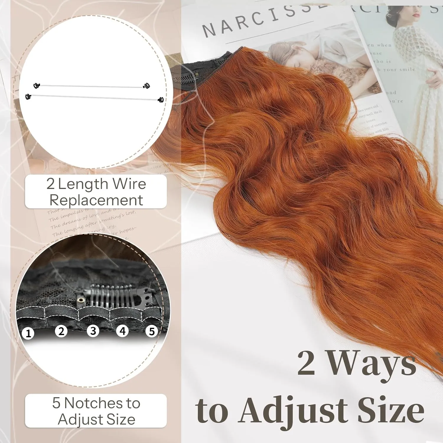 KooKaStyle Invisible Wire Hair Extensions with Transparent Headband Adjustable Size 4 Secure Clips Long Wavy Secret Wire Hairpiece for Women（Copper Red 20 Inch ）