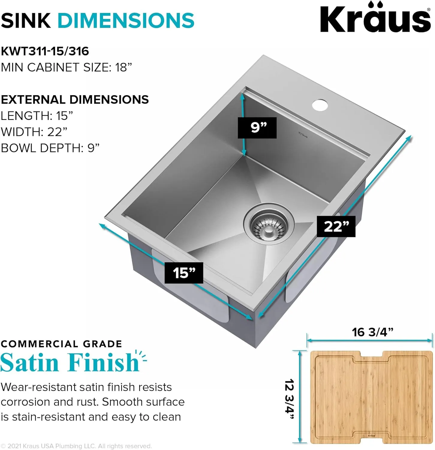 Kraus KWT311-15-316 Kore Outdoor Workstation Drop-In 16 Gauge Marine Grade T-316 Stainless Steel Single Bowl Kitchen Bar Sink with Accessories, 15 x 22 inch