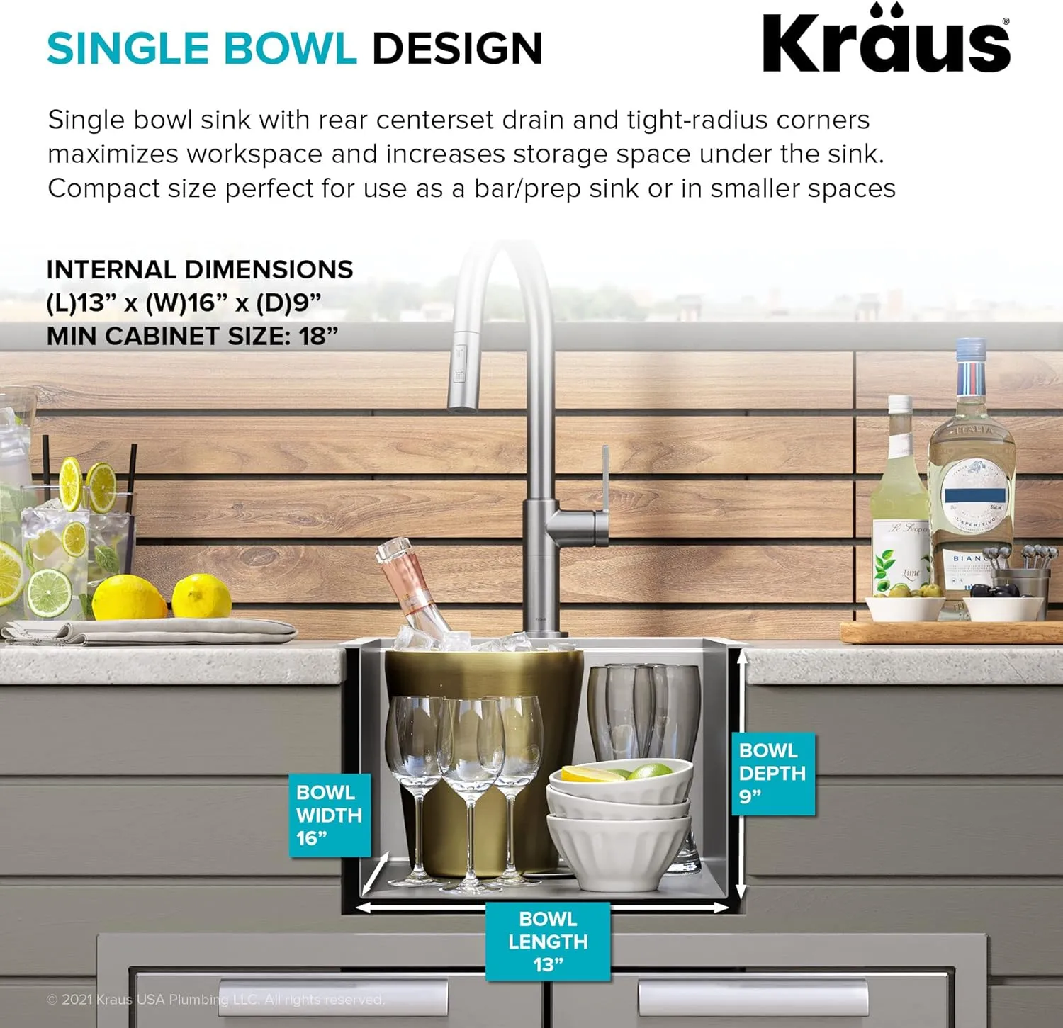 Kraus KWT311-15-316 Kore Outdoor Workstation Drop-In 16 Gauge Marine Grade T-316 Stainless Steel Single Bowl Kitchen Bar Sink with Accessories, 15 x 22 inch