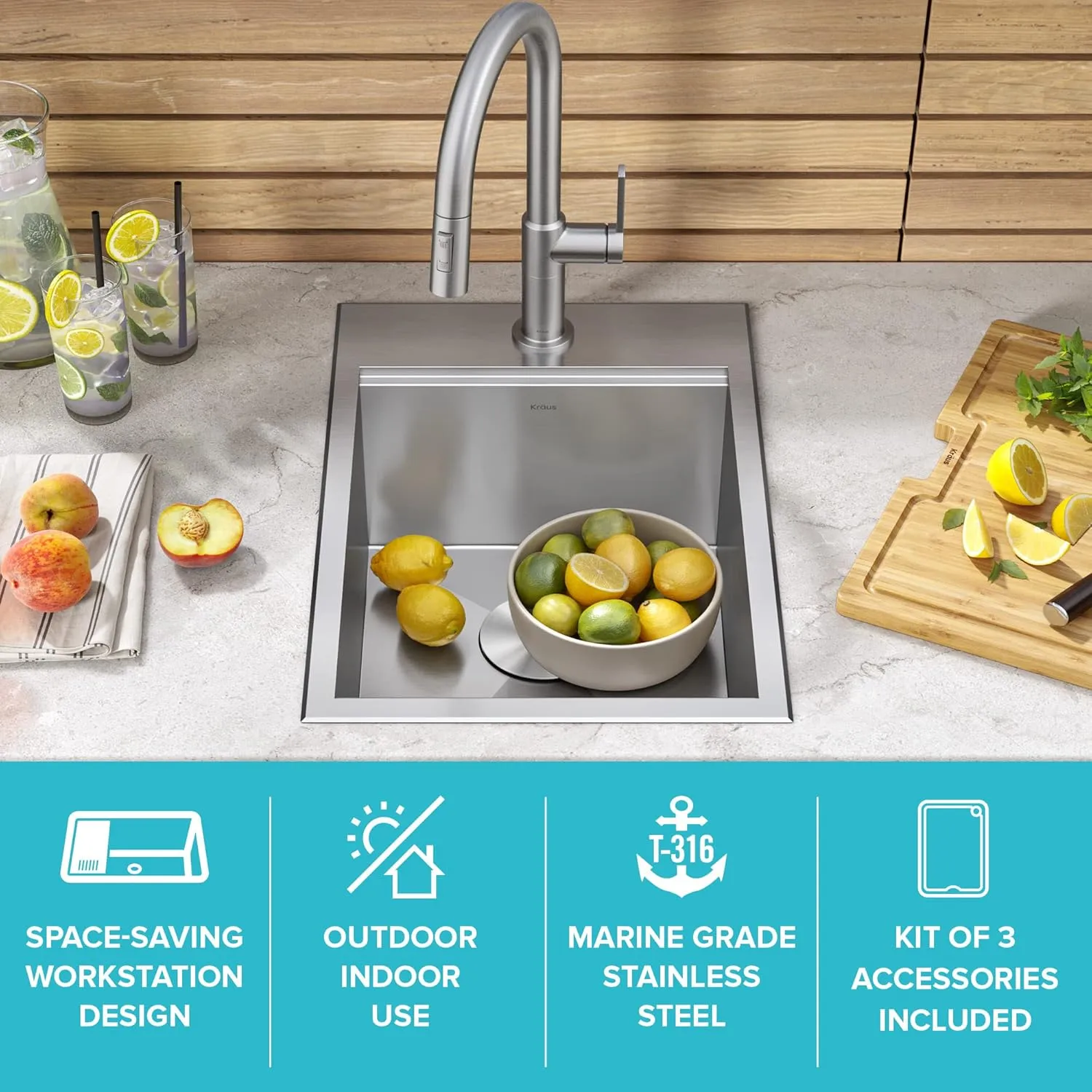 Kraus KWT311-15-316 Kore Outdoor Workstation Drop-In 16 Gauge Marine Grade T-316 Stainless Steel Single Bowl Kitchen Bar Sink with Accessories, 15 x 22 inch