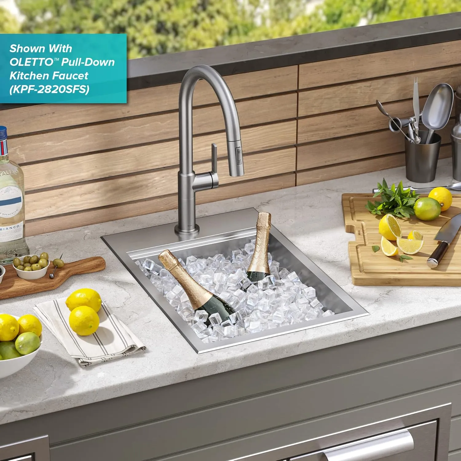 Kraus KWT311-15-316 Kore Outdoor Workstation Drop-In 16 Gauge Marine Grade T-316 Stainless Steel Single Bowl Kitchen Bar Sink with Accessories, 15 x 22 inch