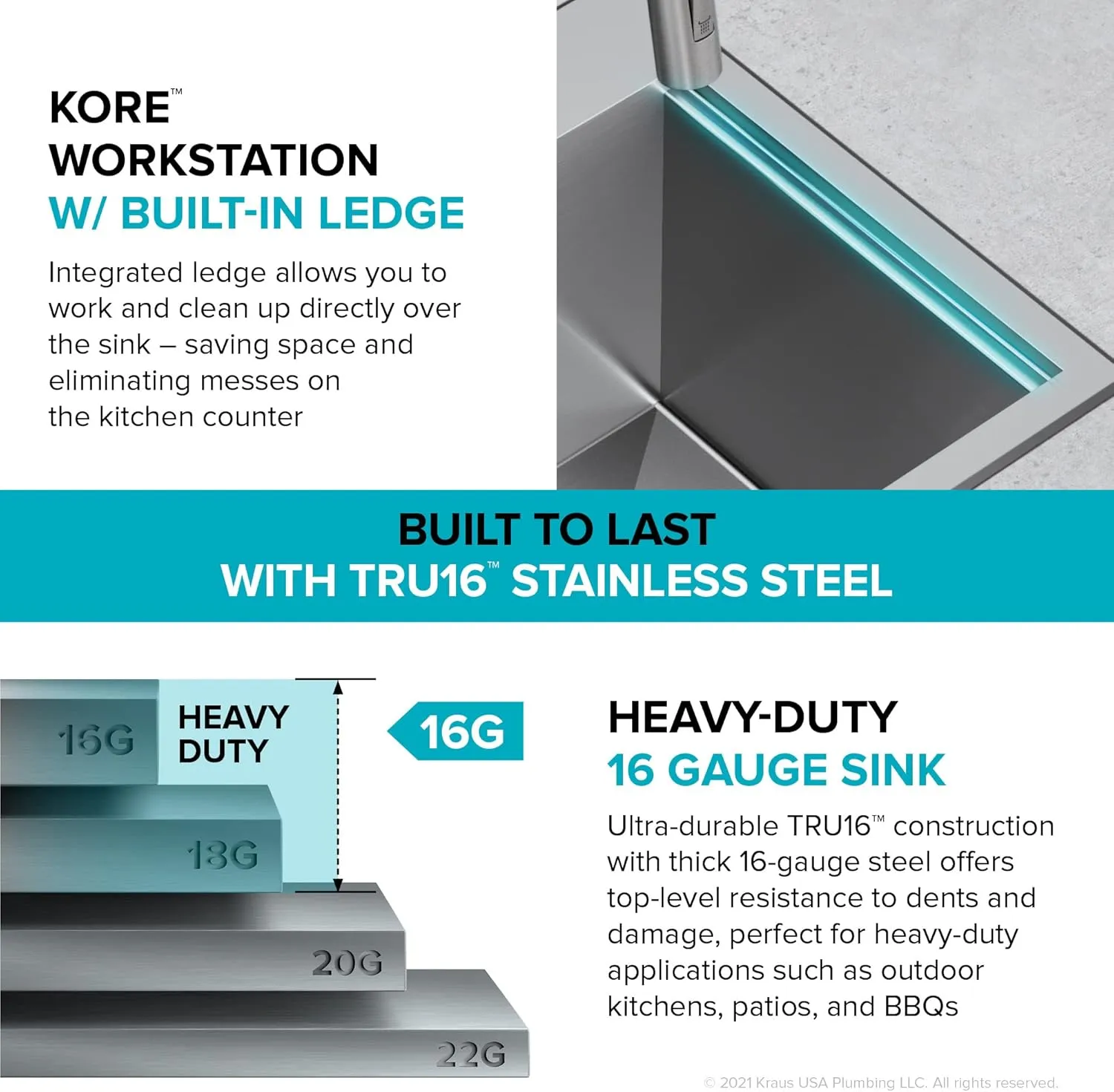 Kraus KWT311-15-316 Kore Outdoor Workstation Drop-In 16 Gauge Marine Grade T-316 Stainless Steel Single Bowl Kitchen Bar Sink with Accessories, 15 x 22 inch