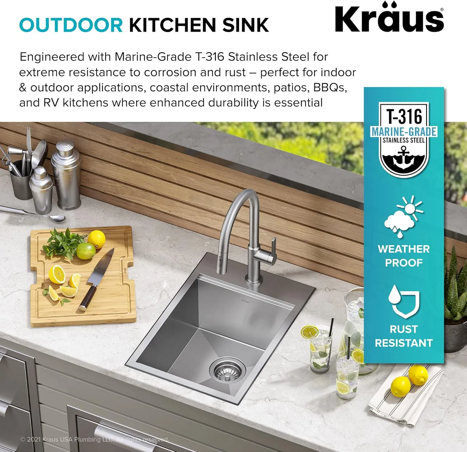 Kraus KWT311-15-316 Kore Outdoor Workstation Drop-In 16 Gauge Marine Grade T-316 Stainless Steel Single Bowl Kitchen Bar Sink with Accessories, 15 x 22 inch