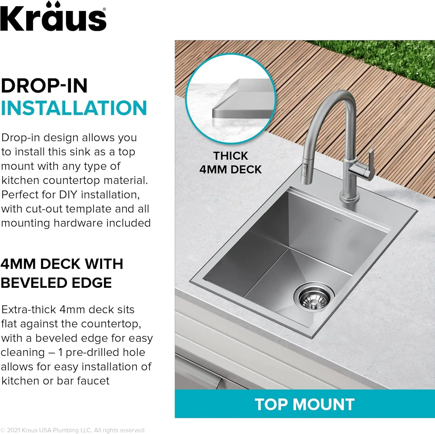 Kraus KWT311-15-316 Kore Outdoor Workstation Drop-In 16 Gauge Marine Grade T-316 Stainless Steel Single Bowl Kitchen Bar Sink with Accessories, 15 x 22 inch