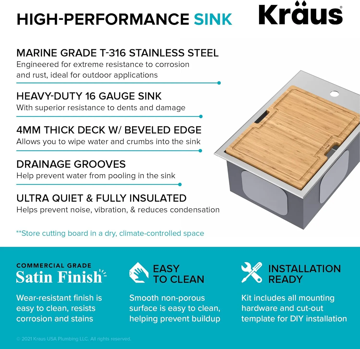 Kraus KWT311-15-316 Kore Outdoor Workstation Drop-In 16 Gauge Marine Grade T-316 Stainless Steel Single Bowl Kitchen Bar Sink with Accessories, 15 x 22 inch