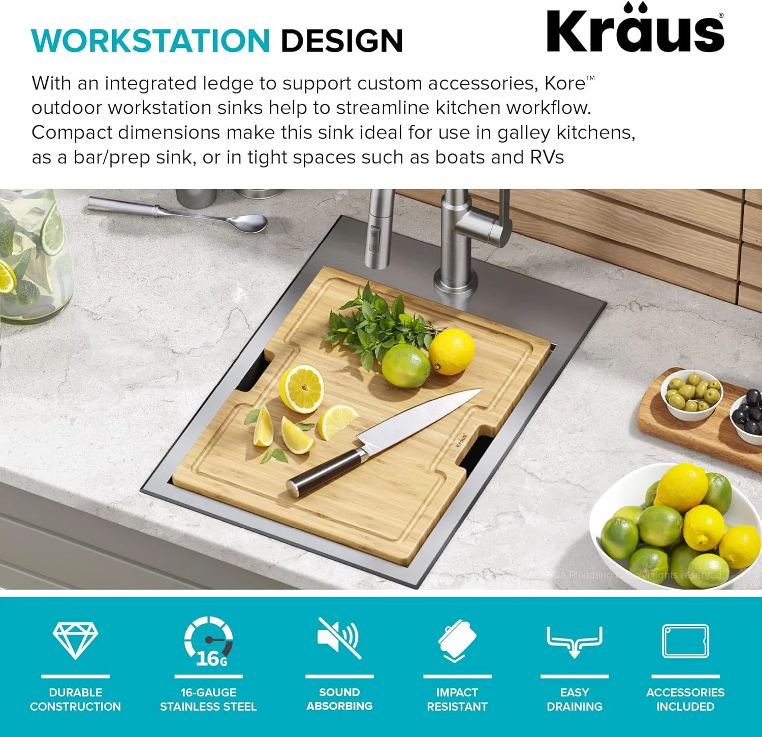 Kraus KWT311-15-316 Kore Outdoor Workstation Drop-In 16 Gauge Marine Grade T-316 Stainless Steel Single Bowl Kitchen Bar Sink with Accessories, 15 x 22 inch
