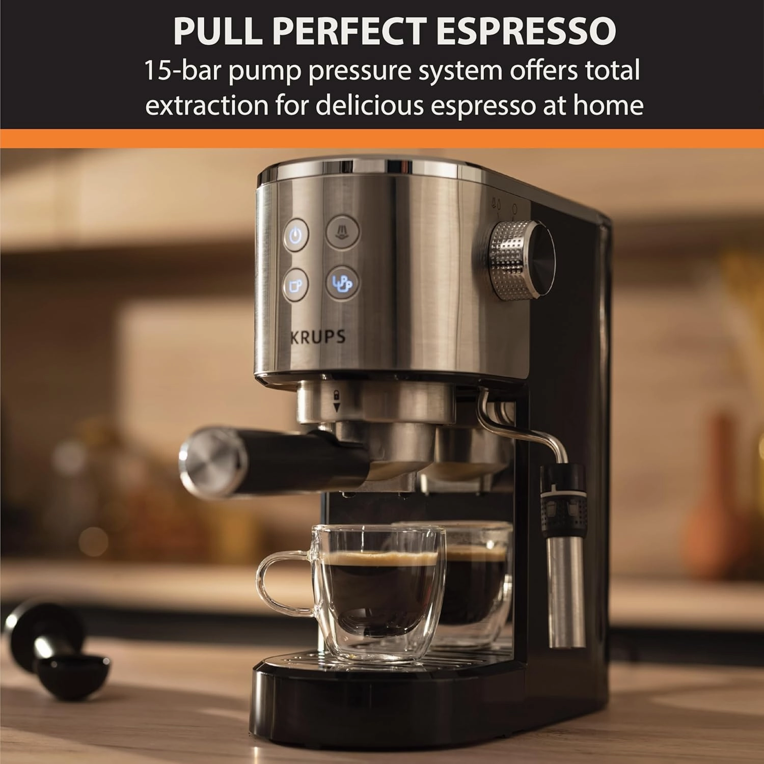 KRUPS Stainless Steel Espresso Machine: 15-Bar Pump Pressure, Milk Frother for Cappuccino and Latte, Fast Pre-Heat, 2-Cup Capacity, Cup Warmer, Easy Cleaning, 1350W, Silver