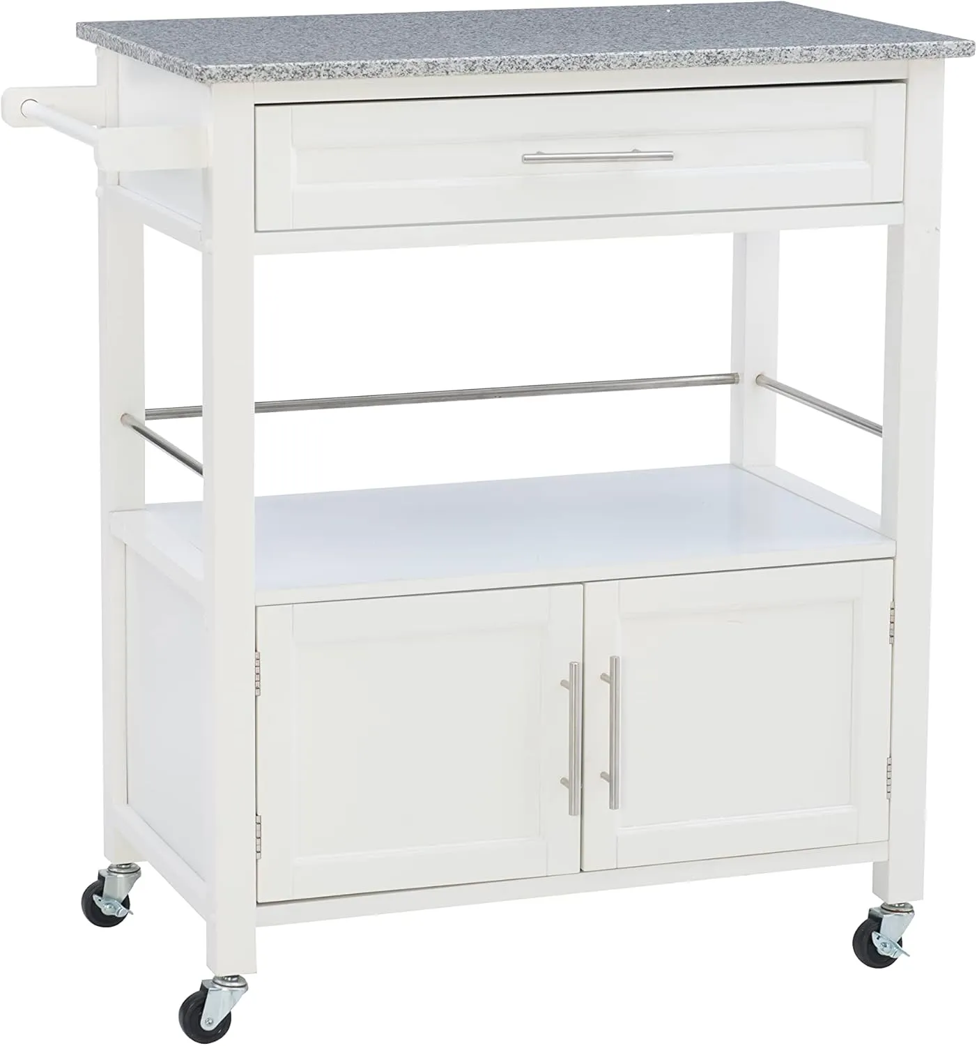 Kyler White Granite Topped Kitchen Cart with Lockable Casters and Hidden Storage Spaces by Linon