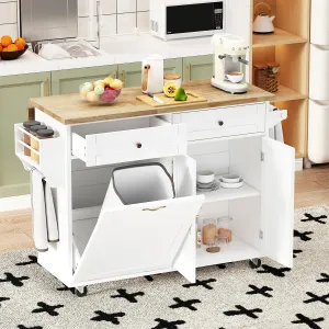 Large Kitchen Island with Drop Leaf,Kitchen Rolling Trash Cabinet Tilt Out 10 Gallon Storage W/2 Drawers,Movable Carts on Wheels with Spice Rack&Towel Rack for Home, Kitchen and Dining Room(White)