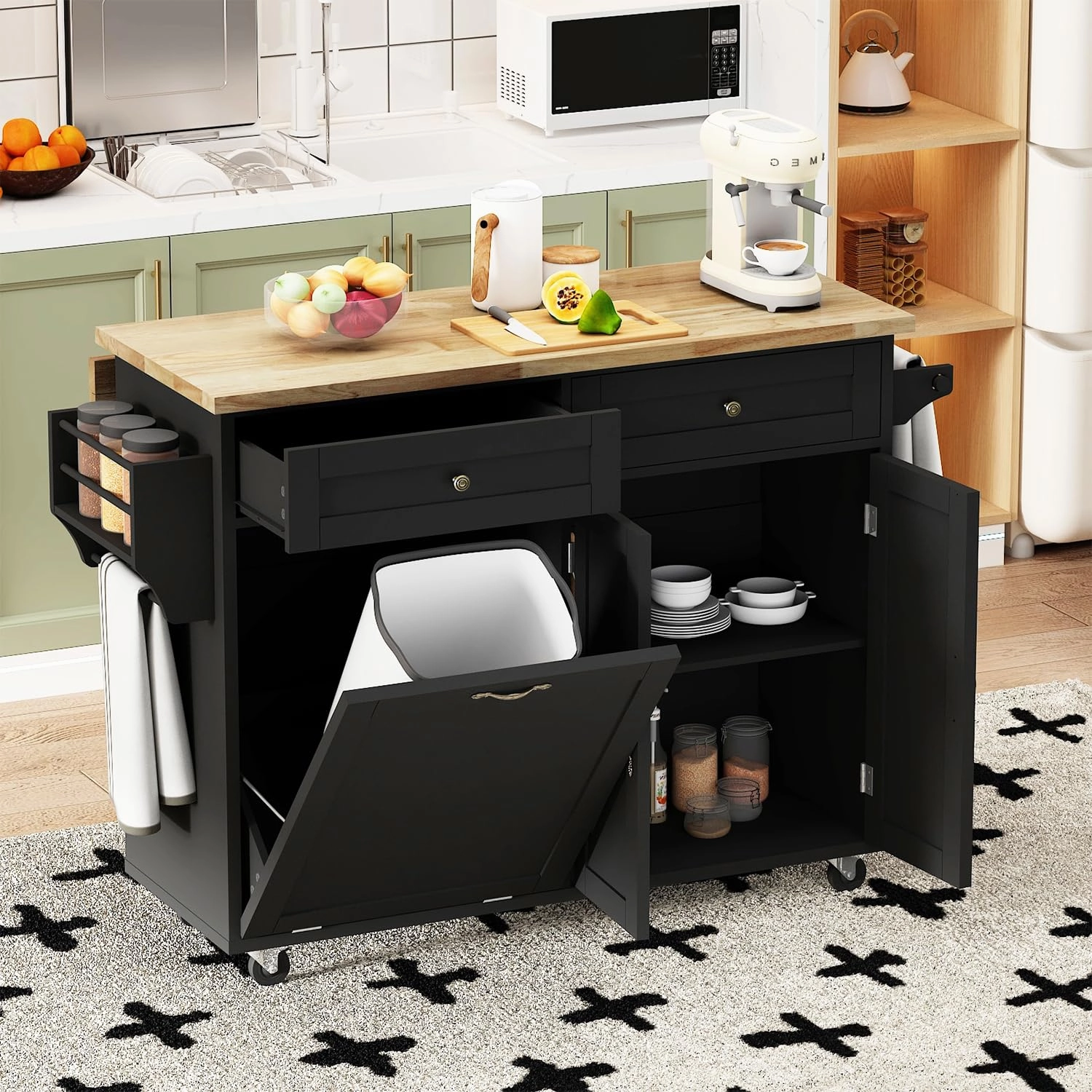 Large Kitchen Island with Drop Leaf,Kitchen Rolling Trash Cabinet Tilt Out 10 Gallon Storage W/2 Drawers,Movable Carts on Wheels with Spice Rack&Towel Rack for Home, Dining Room(Black)