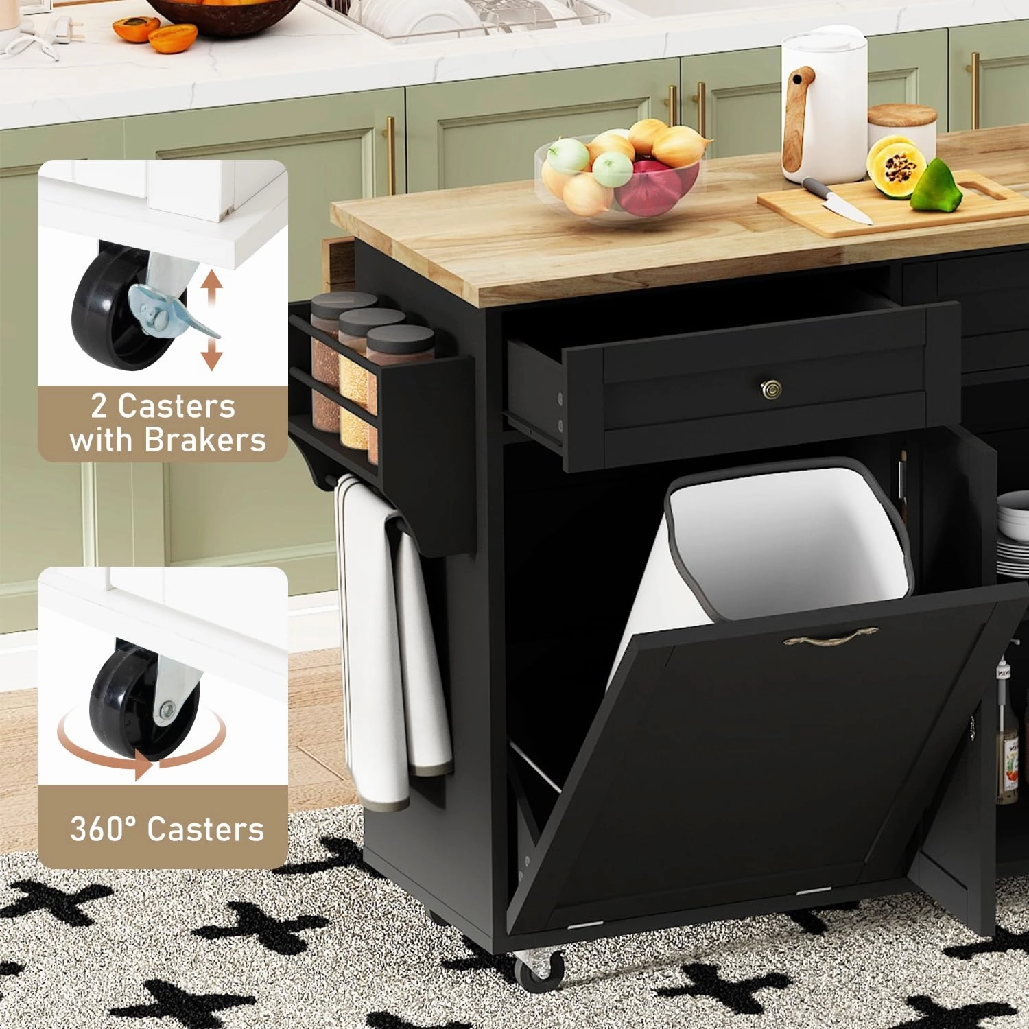 Large Kitchen Island with Drop Leaf,Kitchen Rolling Trash Cabinet Tilt Out 10 Gallon Storage W/2 Drawers,Movable Carts on Wheels with Spice Rack&Towel Rack for Home, Dining Room(Black)