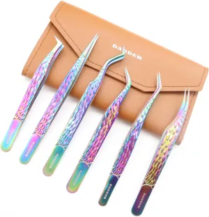 Lash Tweezers for Eyelash Extension and Lash Clusters 6pcs Professional Tweezers Set by DAODER High Precision Straight Curved Pointed Tweezers with PU Storage Case (6pcs Set)
