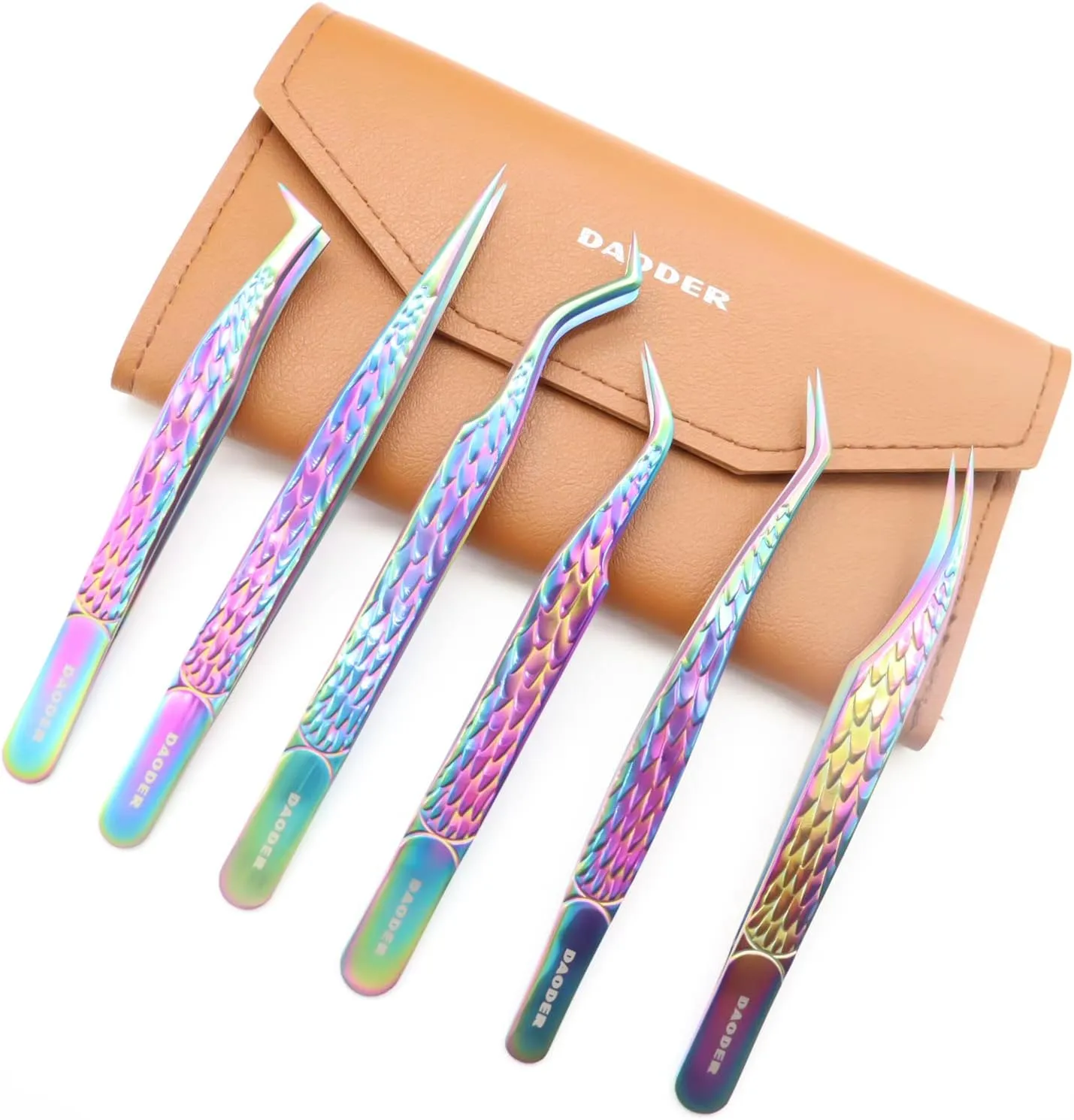 Lash Tweezers for Eyelash Extension and Lash Clusters 6pcs Professional Tweezers Set by DAODER High Precision Straight Curved Pointed Tweezers with PU Storage Case (6pcs Set)
