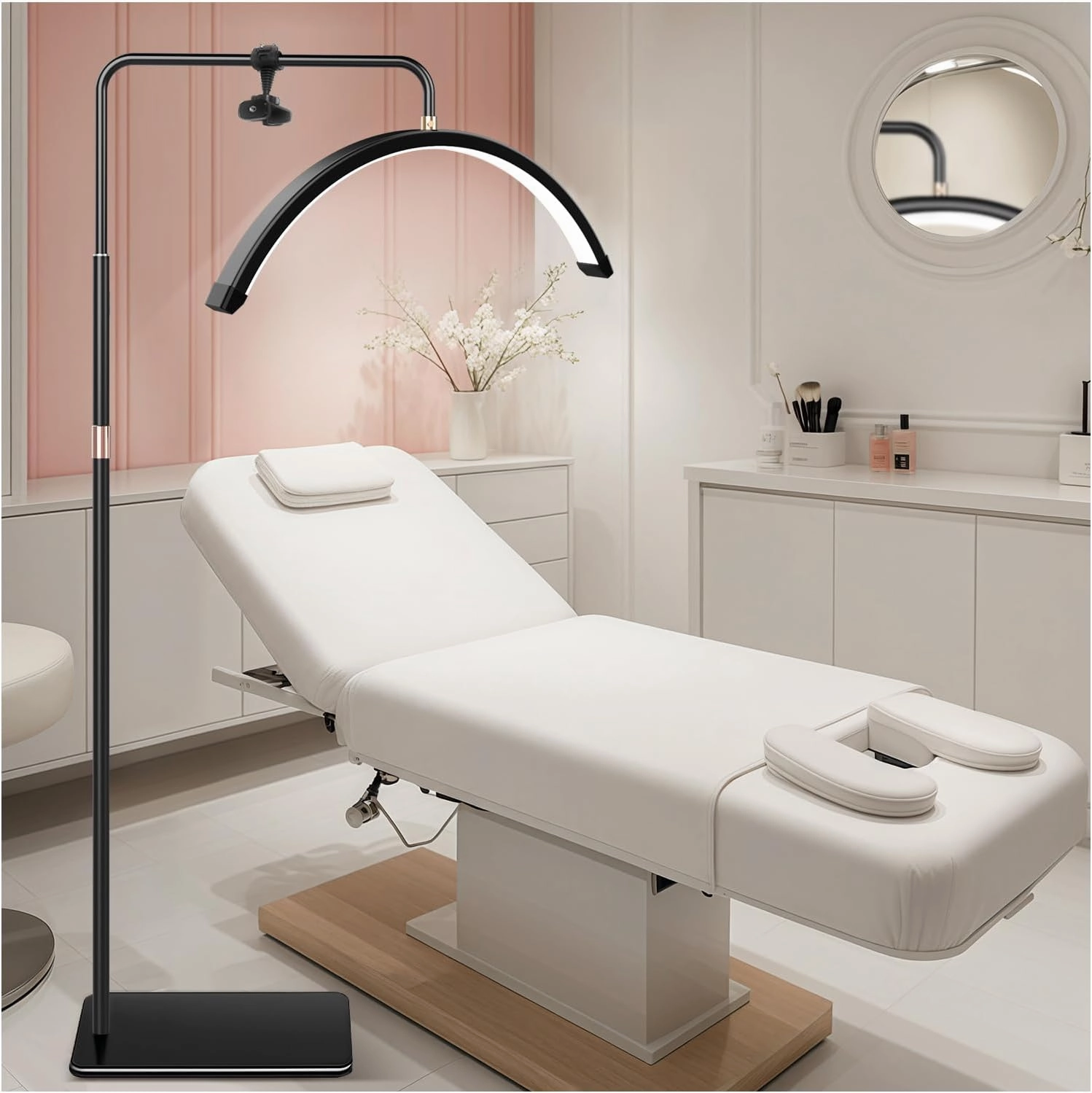 Lash Light for Eyelash Tech-Esthetician Ring Light, Half Moon Light for Led Lash Lamp Extensions, Tattoo Artists, Nail Tech - Cool, Warm Lamp with Adjustable Brightness & Height, Phone Holder (Black)