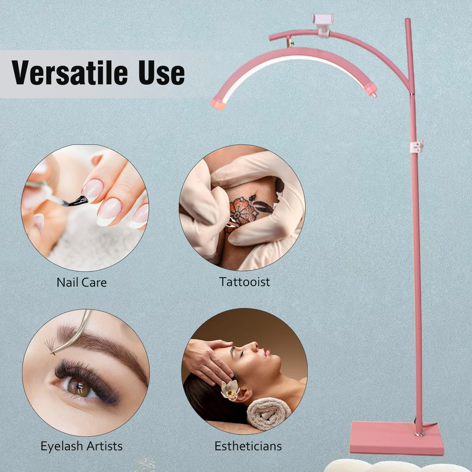 Lash Light Lamp for Eyelash Extensions LED Floor Half Moon Ring Light Lamp for Lash Extension Esthetician Light Tattoo, Nail Tech R Pink