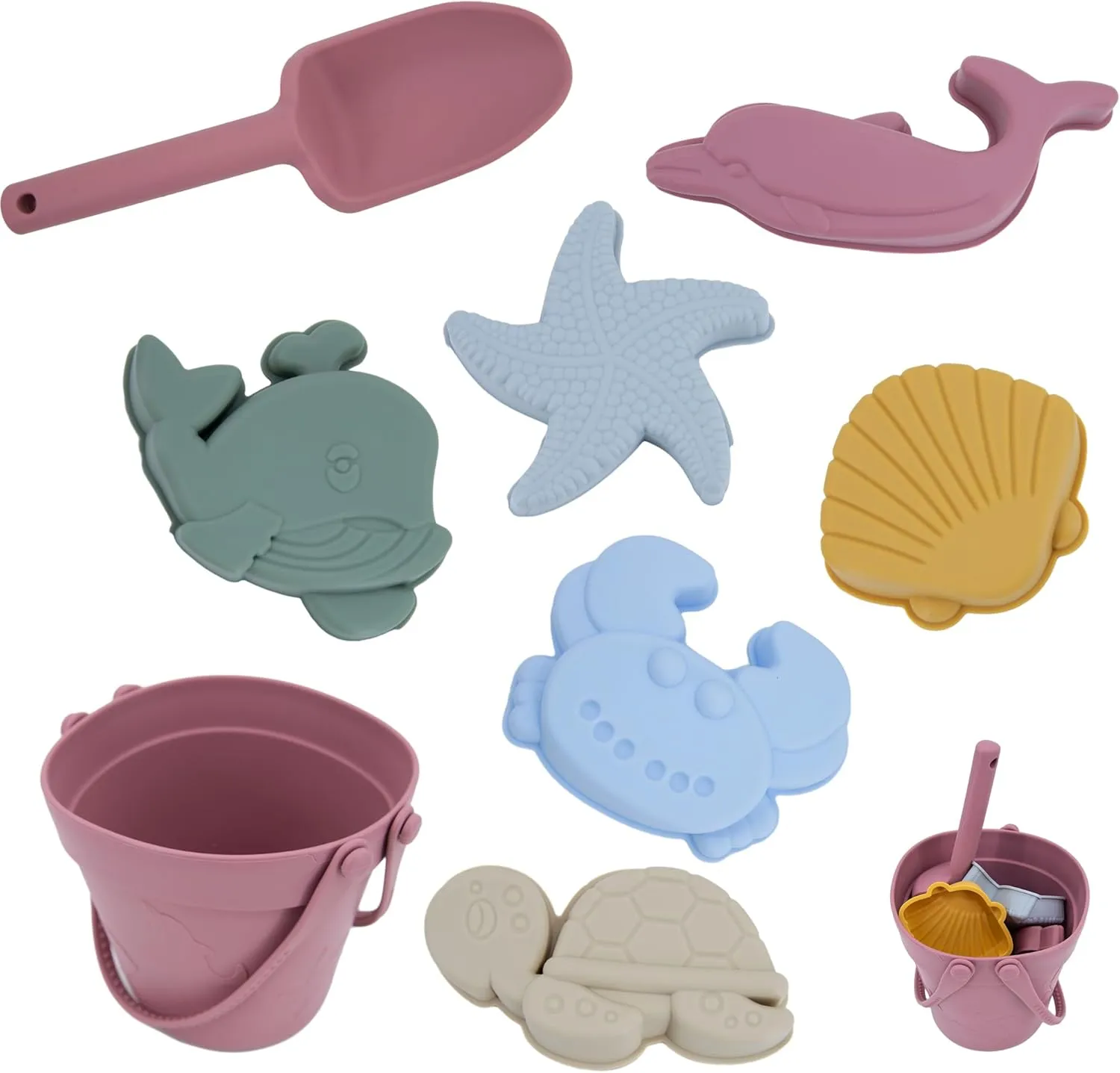 LAT 8Pcs Silicone Beach Toys-Summer Kids Beach Set with Silicone Bucket, Shovel, 6 Sand Molds | Outdoor Playset for Toddlers, Kids(Pink)