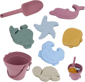 LAT 8Pcs Silicone Beach Toys-Summer Kids Beach Set with Silicone Bucket, Shovel, 6 Sand Molds | Outdoor Playset for Toddlers, Kids(Pink)