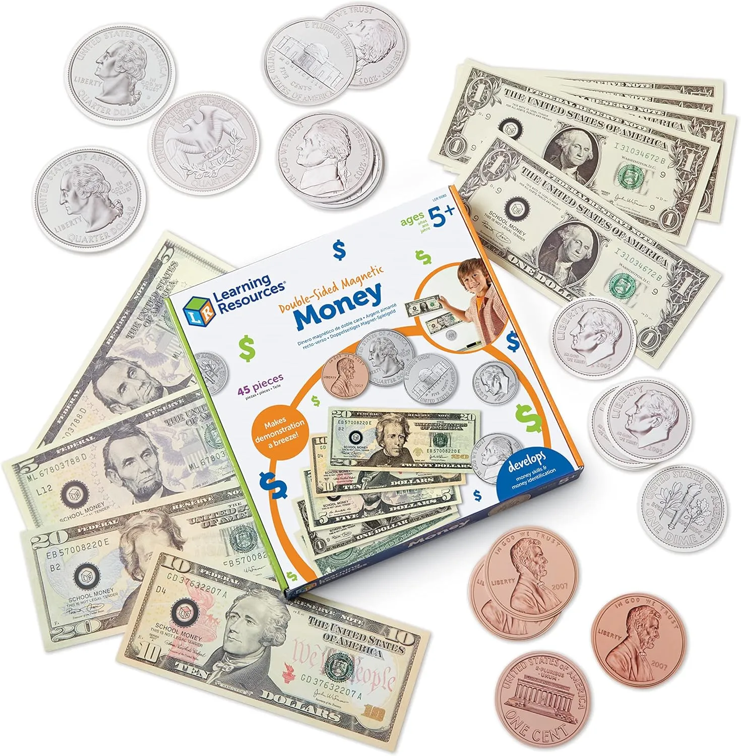 Learning Resources Double-Sided Magnetic Money 45 Pieces, Ages 5  Play Money for Kids, Pretend Play Money, Classroom and Teacher Supplies
