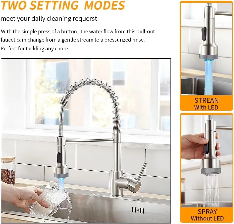 LED Light Kitchen Faucet with Pull Down Sprayer Sus304 Stainless Steel Industrial Single Handle Faucet for Farmhouse Camper Laundry Utility Rv Wet Bar Sinks Brushed Nickel 9003SN