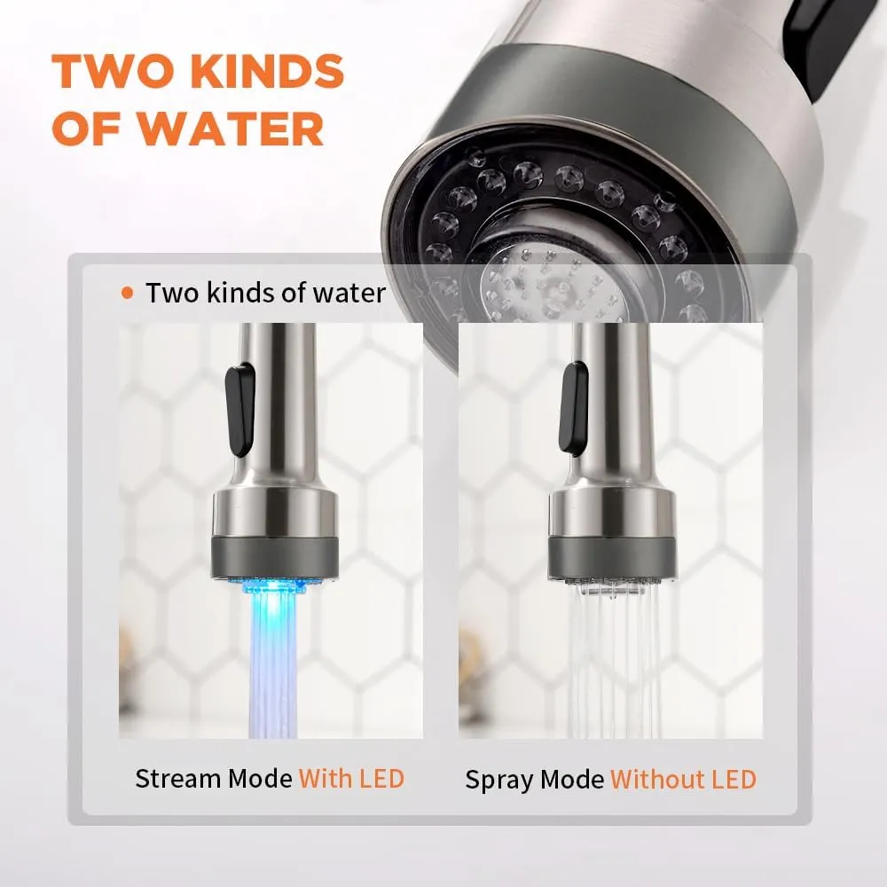 LED Light Kitchen Faucet with Pull Down Sprayer Sus304 Stainless Steel Industrial Single Handle Faucet for Farmhouse Camper Laundry Utility Rv Wet Bar Sinks Brushed Nickel 9003SN