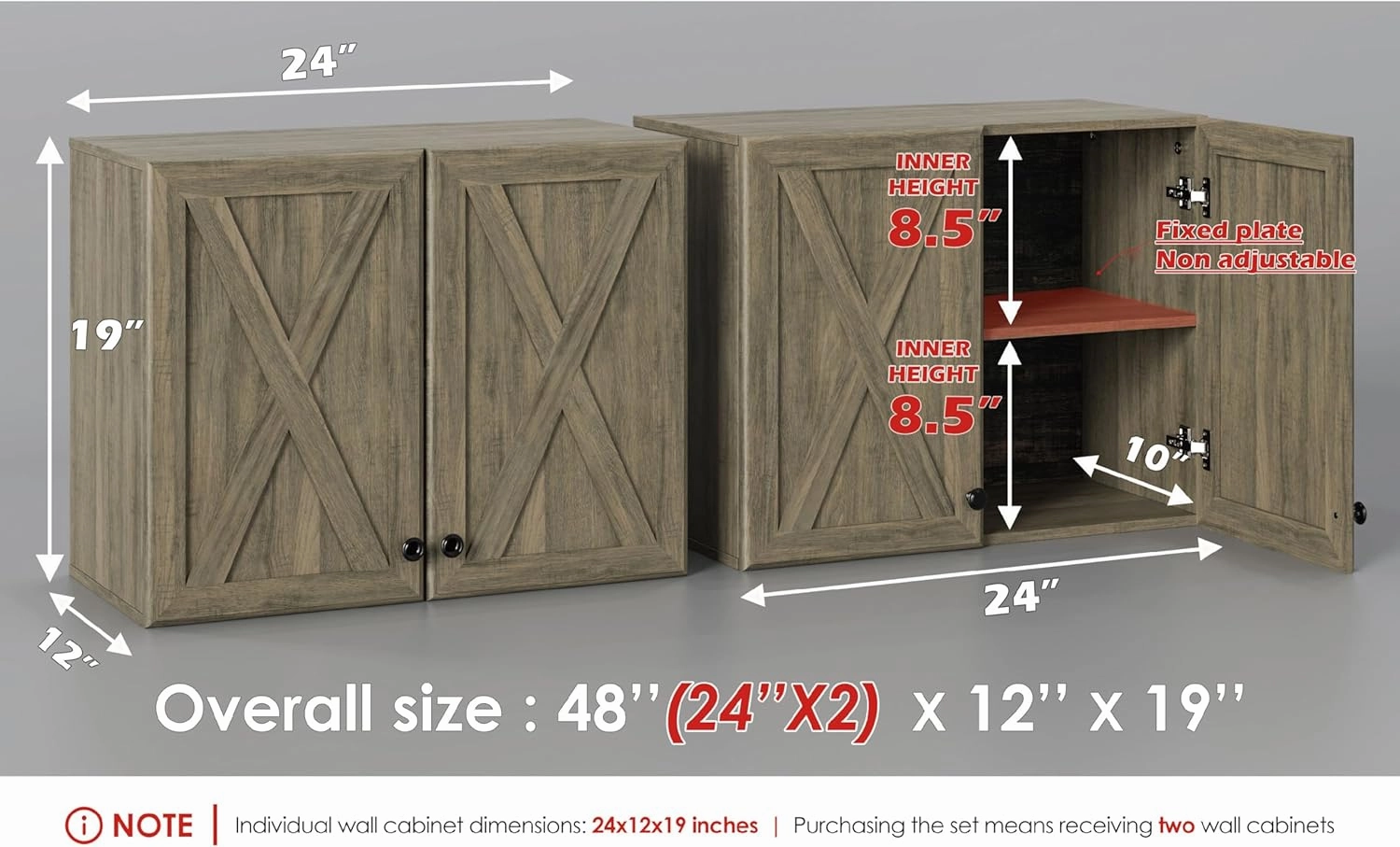 LED Laundry Wall Cabinets - Farmhouse Kitchen Wall Amount Storage Cabinets with Doors and Shelves, One Set of 2 Pieces