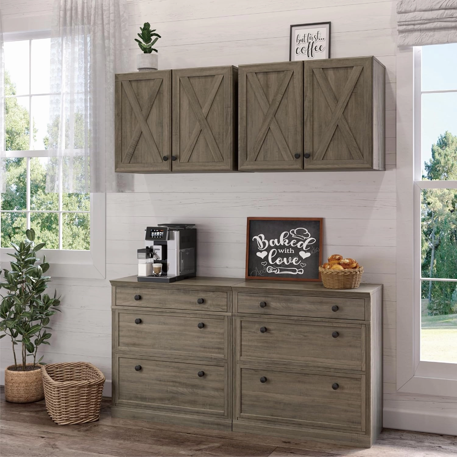 LED Laundry Wall Cabinets - Farmhouse Kitchen Wall Amount Storage Cabinets with Doors and Shelves, One Set of 2 Pieces