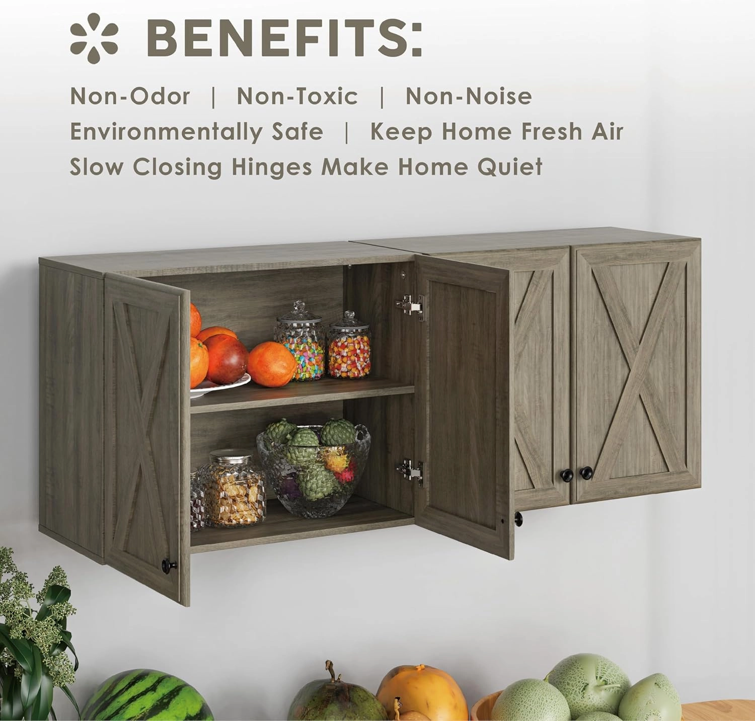 LED Laundry Wall Cabinets - Farmhouse Kitchen Wall Amount Storage Cabinets with Doors and Shelves, One Set of 2 Pieces