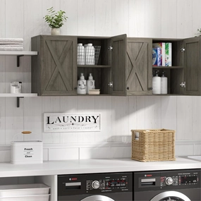 LED Laundry Wall Cabinets - Farmhouse Kitchen Wall Amount Storage Cabinets with Doors and Shelves, One Set of 2 Pieces