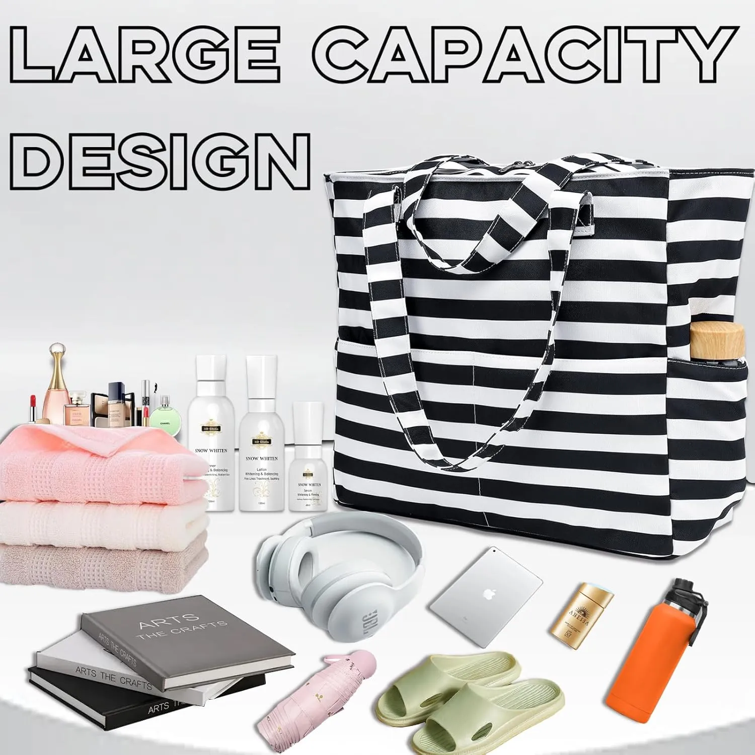 LEDAOU Beach Bag Waterproof Sandproof Women Tote Bag Pool Bag with Zipper for Gym Grocery Travel with Wet Pocket