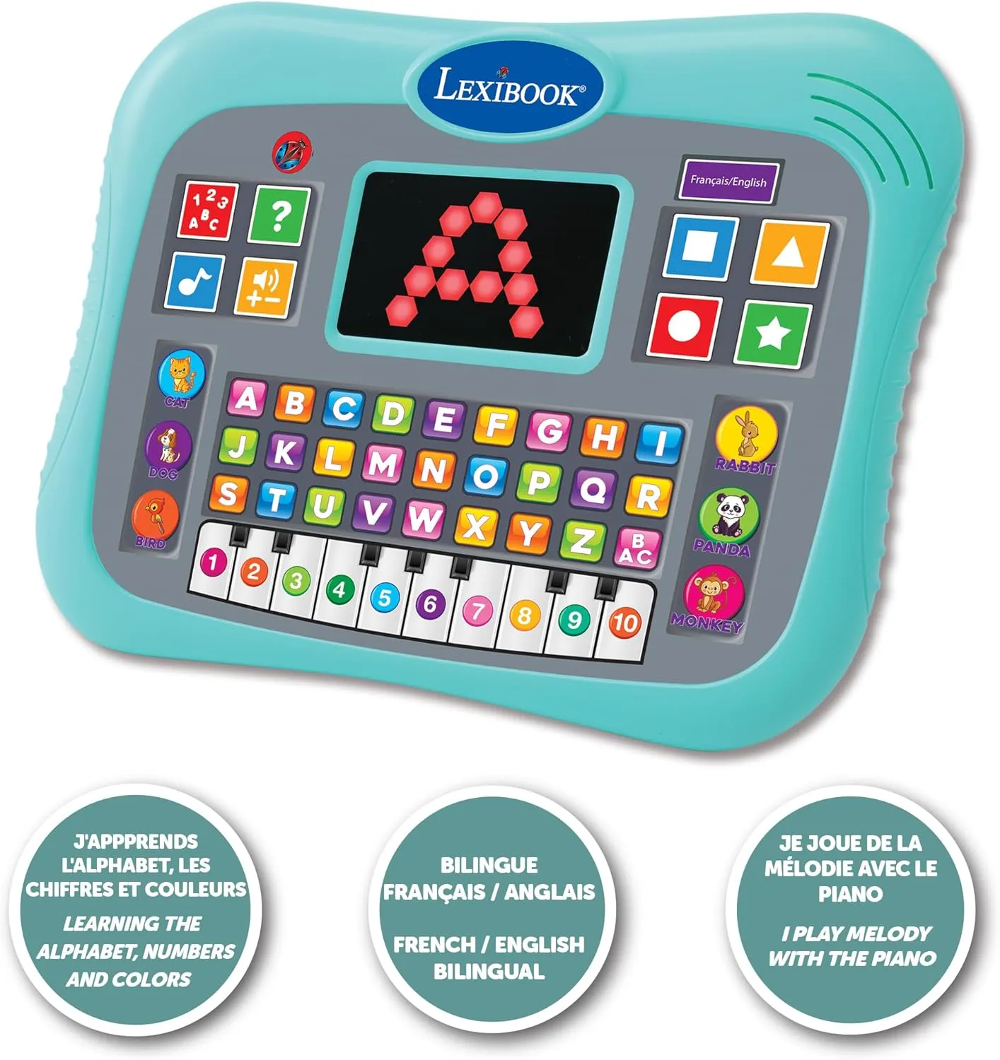 Lexibook, Learning Tablet, Bilingual French/English, Talking Tablet with Screen for Learning Alphabet, Numbers and Animals, Piano Modes, Interactive Quiz Modes, Blue, JCPAD007i1