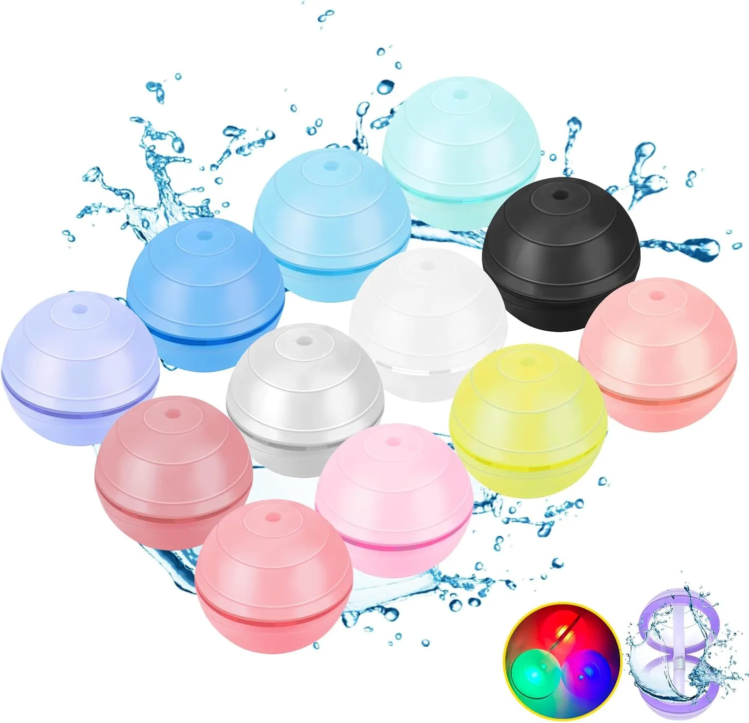 Light Up Refillable Reusable Water Balloons for Toddler Boys and Girls Ages 3 , 12 Pcs Led Quick Fill Sealing Magnetic Bomb Balls Toys Outside Activities, Summer Beach Pool Water Ball