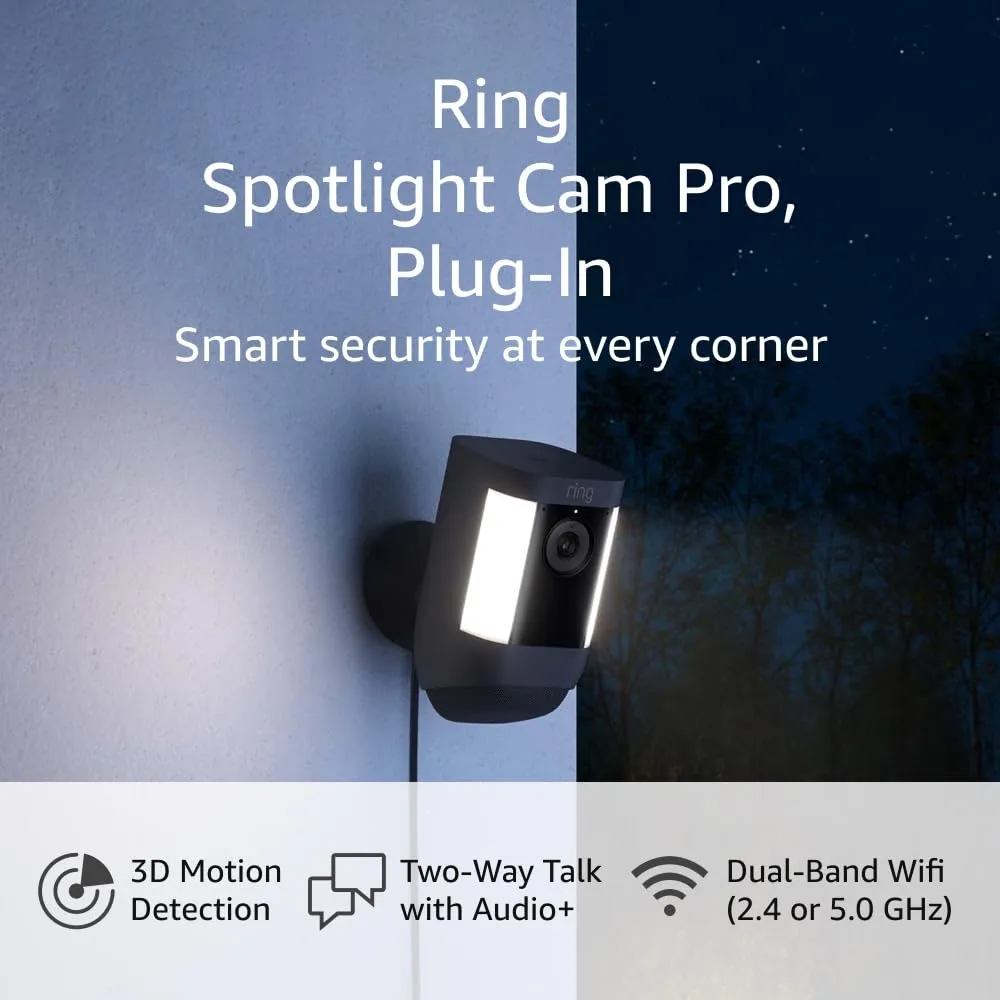 Like-New Ring Spotlight Cam Pro, Plug-In | 3D Motion Detection, Two-Way Talk with Audio , and Dual-Band Wifi (2022 release) - Black