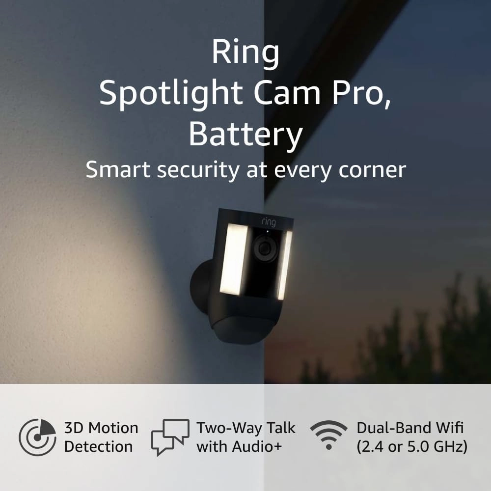 Like-New Ring Spotlight Cam Pro, Battery | 3D Motion Detection, Two-Way Talk with Audio , and Dual-Band Wifi (2022 release) - Black