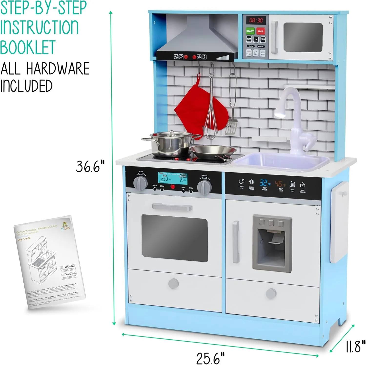 Lil' Jumbl Kids Blue Small Kitchen Set, Pretend Wooden Play Kitchen, Includes Range Hood, Microwave, Stove Top, Oven That Make Realistic Sound & Light, Pots, Pan, Cutting Board & Utensils Included,