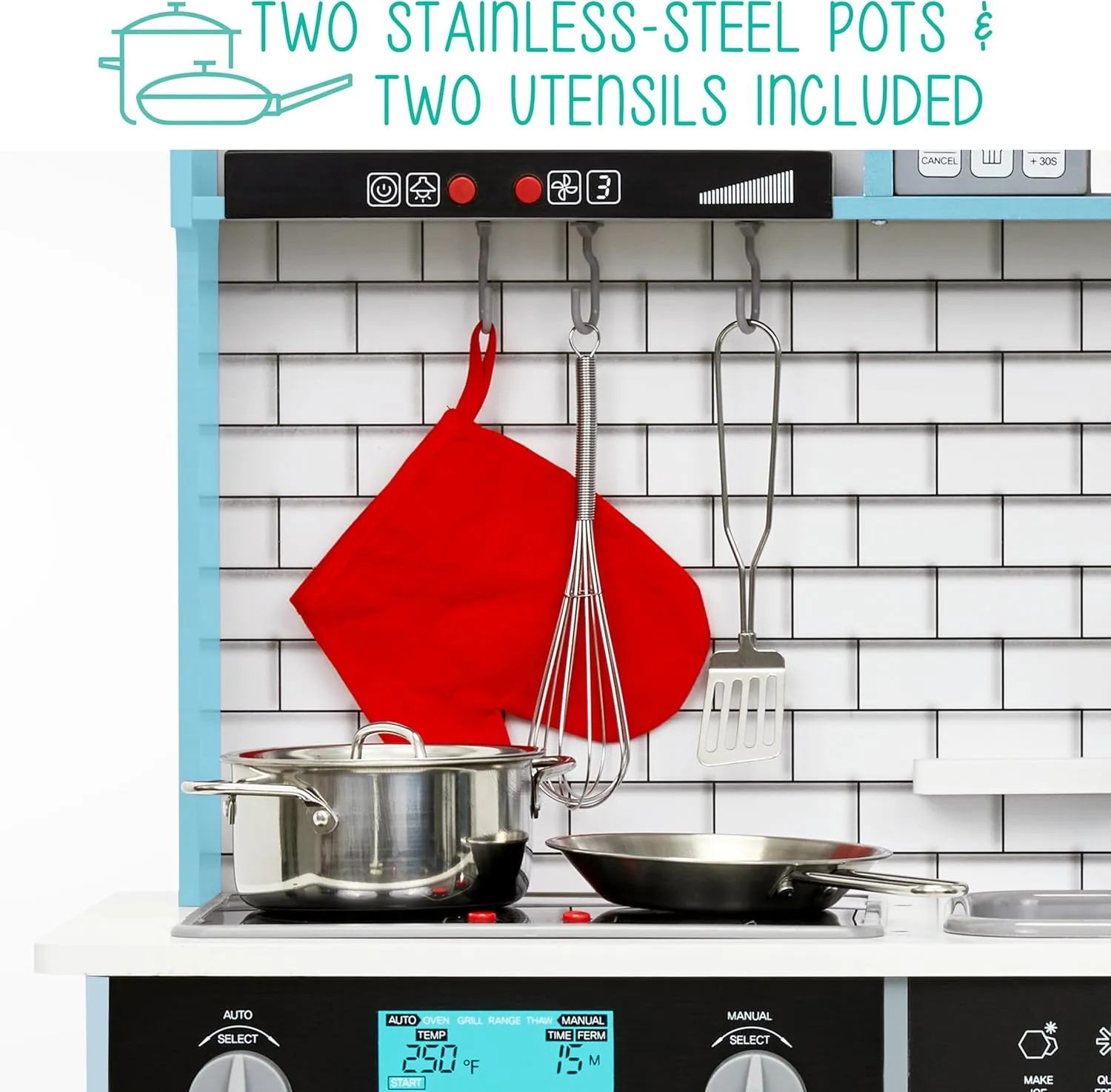 Lil' Jumbl Kids Blue Small Kitchen Set, Pretend Wooden Play Kitchen, Includes Range Hood, Microwave, Stove Top, Oven That Make Realistic Sound & Light, Pots, Pan, Cutting Board & Utensils Included,