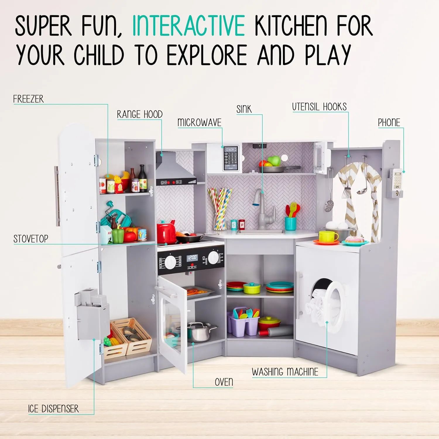 Lil' Jumbl Kids Corner Kitchen Set, Pretend Wooden Deluxe Play Kitchen, Battery Operated Icemaker, Stovetop & Faucet with Realistic Sound - Grey