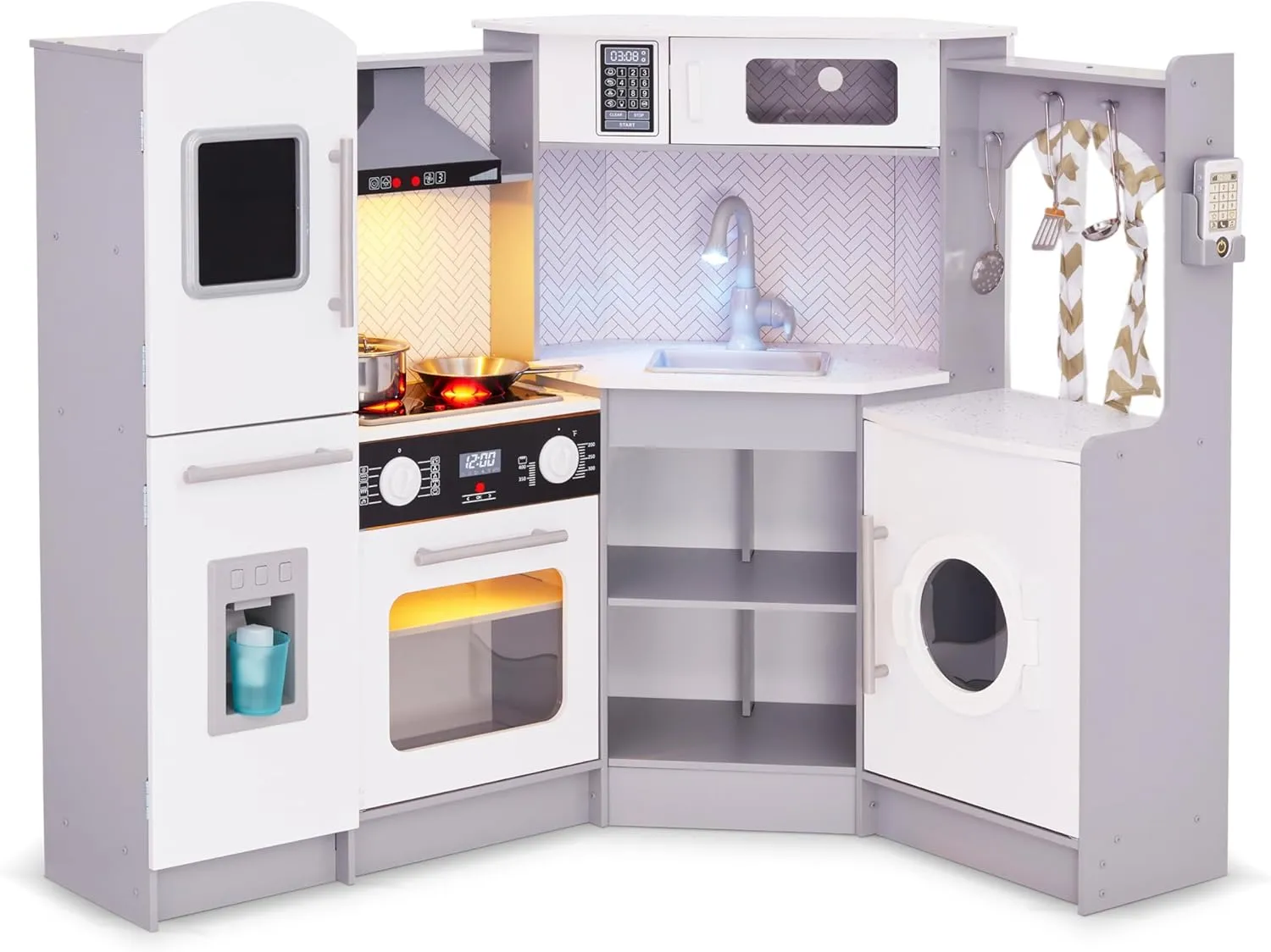 Lil' Jumbl Kids Corner Kitchen Set, Pretend Wooden Deluxe Play Kitchen, Battery Operated Icemaker, Stovetop & Faucet with Realistic Sound - Grey