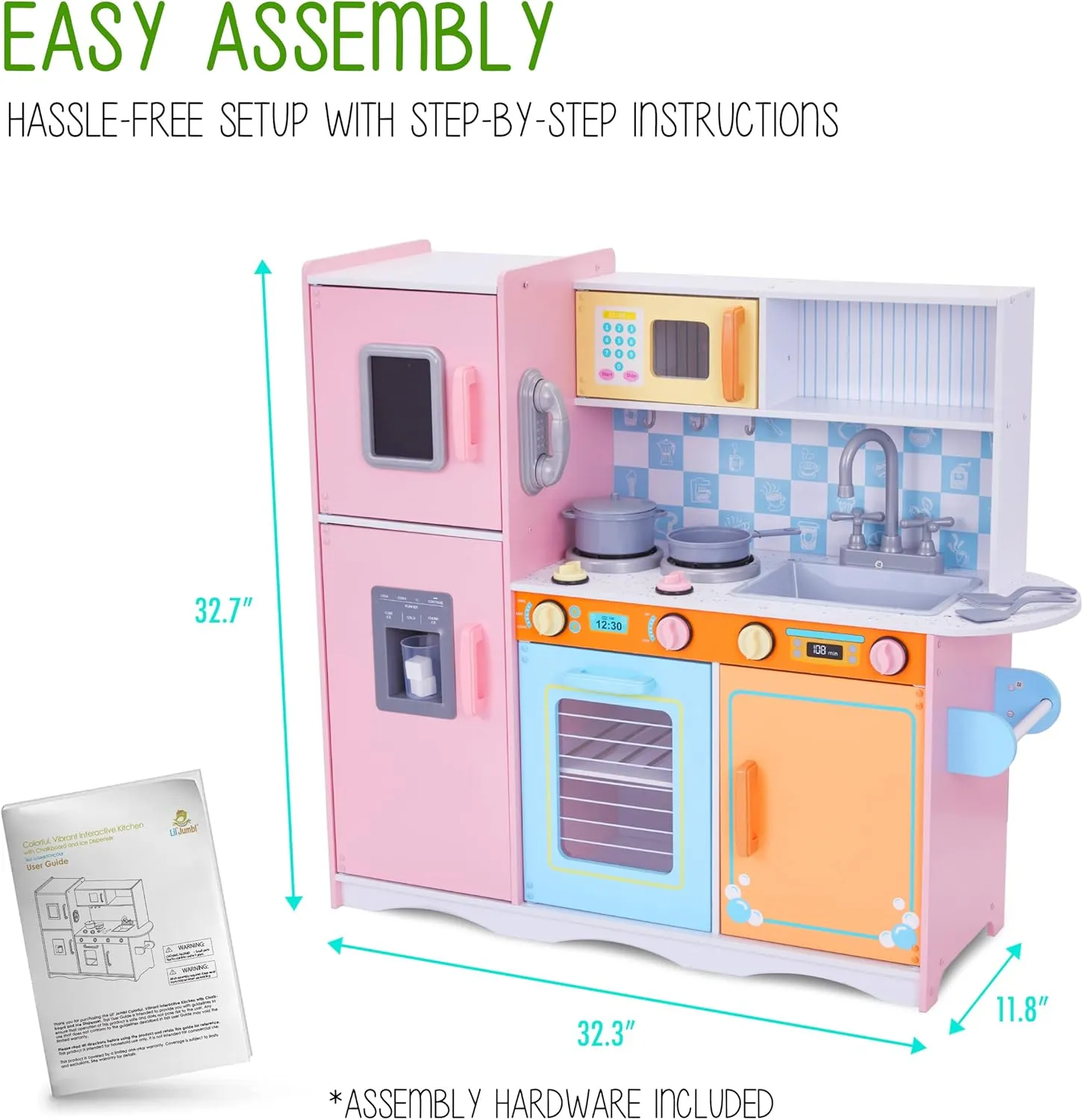 Lil' Jumbl Kids Kitchen Set, Pretend Wooden Play Kitchen with Chalk Board, Play Phone, Towel Rack & Ice Dispenser, Clicking Knobs, Pots & Utensils Included - Colorful