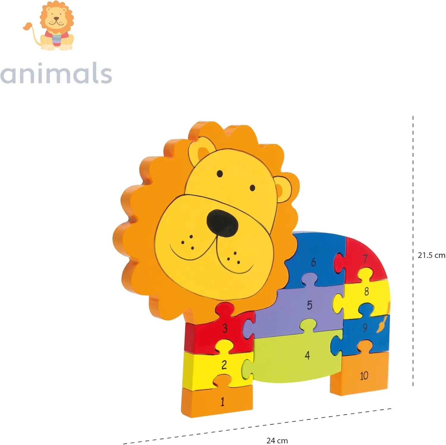 Lion Number Puzzle - 11 Piece Wooden Animal Shaped Puzzle, Learn Numbers 1-10, Colorful Educational Toy, Toddlers & Kids Age 1 
