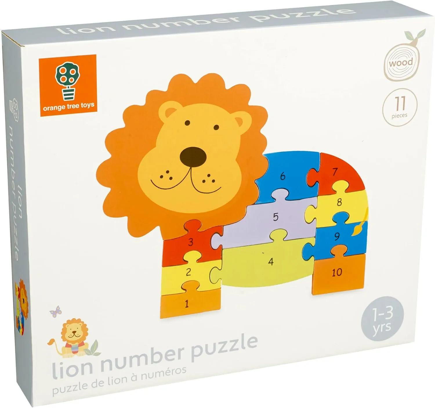 Lion Number Puzzle - 11 Piece Wooden Animal Shaped Puzzle, Learn Numbers 1-10, Colorful Educational Toy, Toddlers & Kids Age 1 