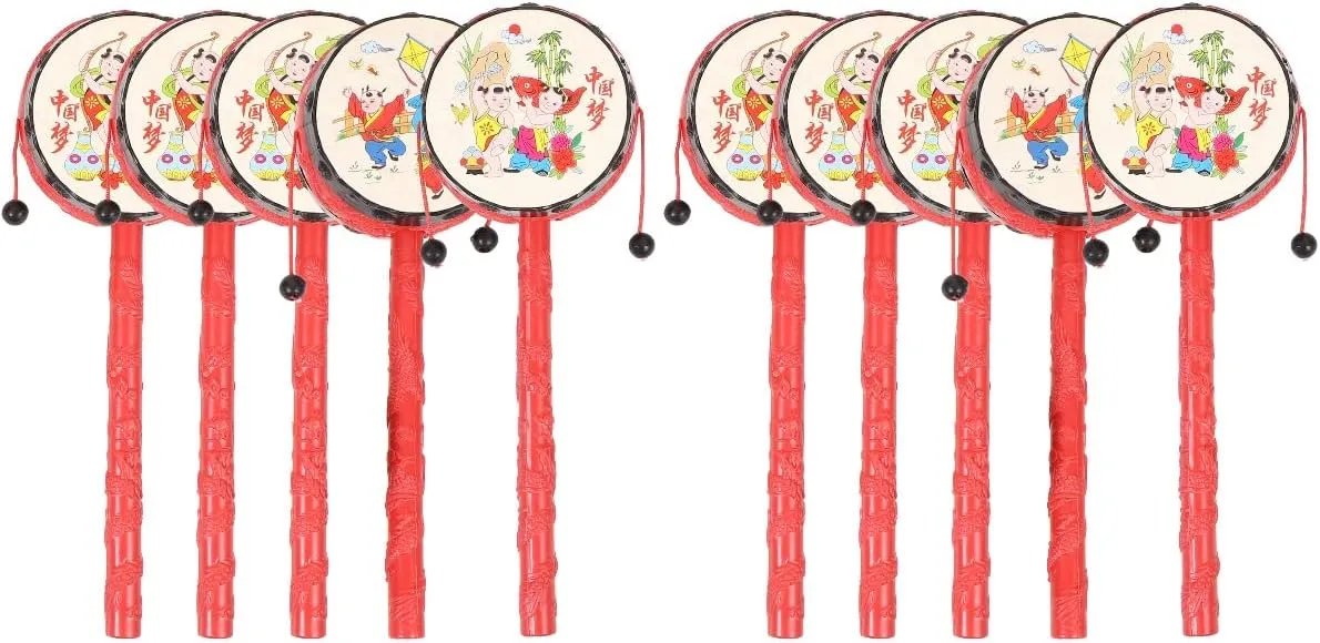 LOGOFUN 10 Pcs Monkey Drum Spinning Rattle Drum Chinese Traditional Percussion Instrument for Kids (Red)