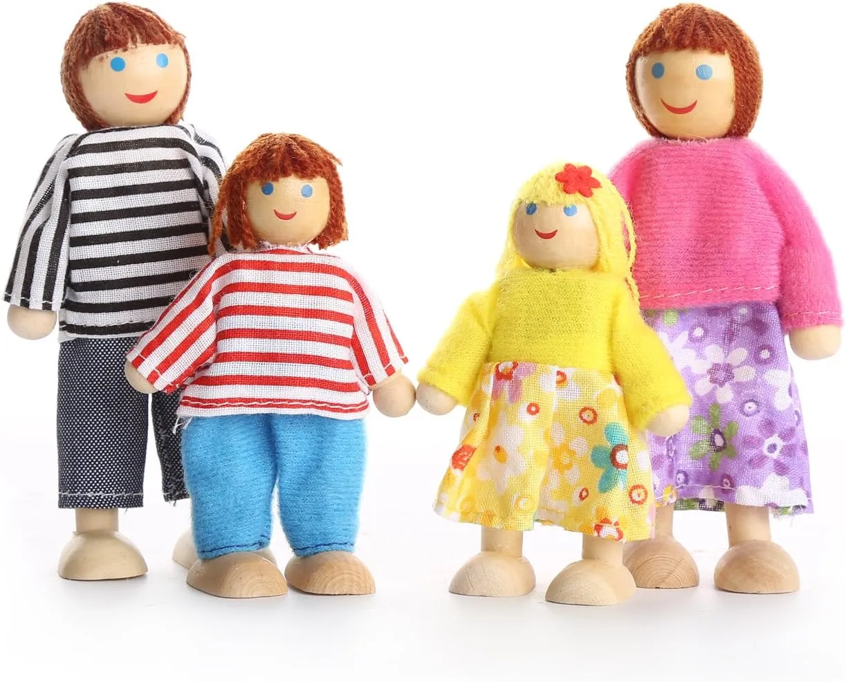 Lovely Happy Family Dolls Playset Wooden Figures Set of 7 People with DIY Horse for Kids Children Toddlers Dollhouse Pretend Gift