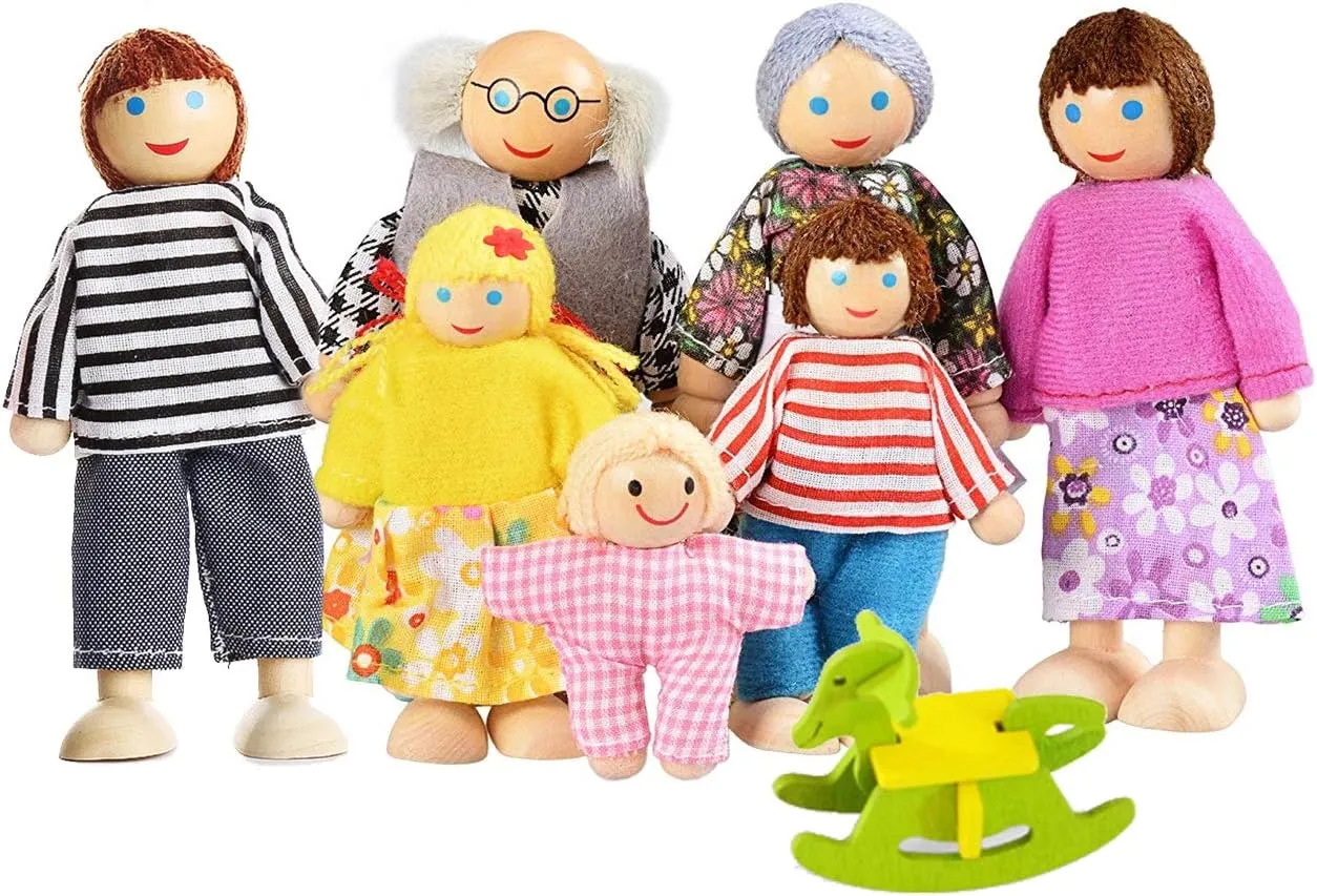 Lovely Happy Family Dolls Playset Wooden Figures Set of 7 People with DIY Horse for Kids Children Toddlers Dollhouse Pretend Gift