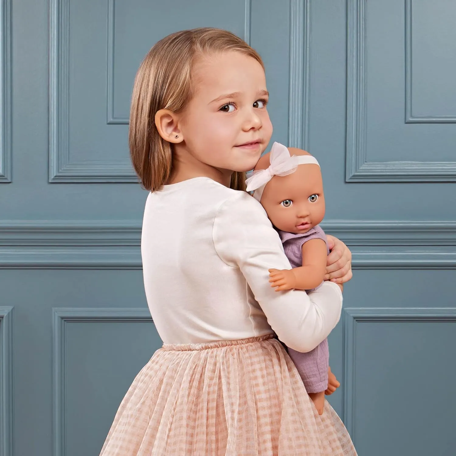 LullaBaby – 14-inch Realistic Baby Doll – Blue Eyes & Huggable Soft Body – Removable Jumper Outfit & Bow Headband – Pretend Play – Toys for Kids Ages 2 Years Old & Up – Baby Doll in Lilac Jumper
