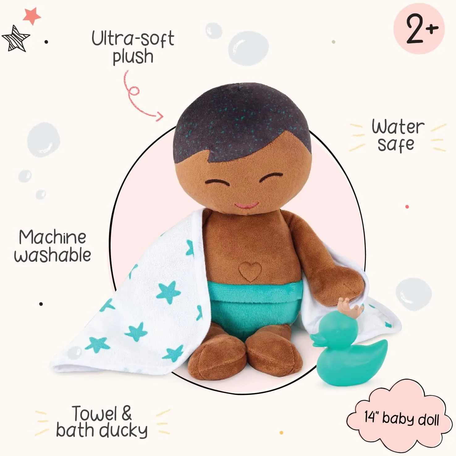 LullaBaby – 14-inch Washable Bath Baby Doll Boy – Soft Plush Body for Real Water Play – Blond Hair & Tub Accessories – Toddler Bath Toys – Kids Ages 2 Years Old & Up – Plush Baby Bath Doll - Boy
