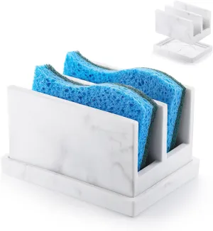 Luxspire Kitchen Sponge Holder, Dish Sponge Holder with with Drain Tray, Marble Sponge Holder for Kitchen Sink, Kitchen Sink Caddy 2 Compartments, Gravel White
