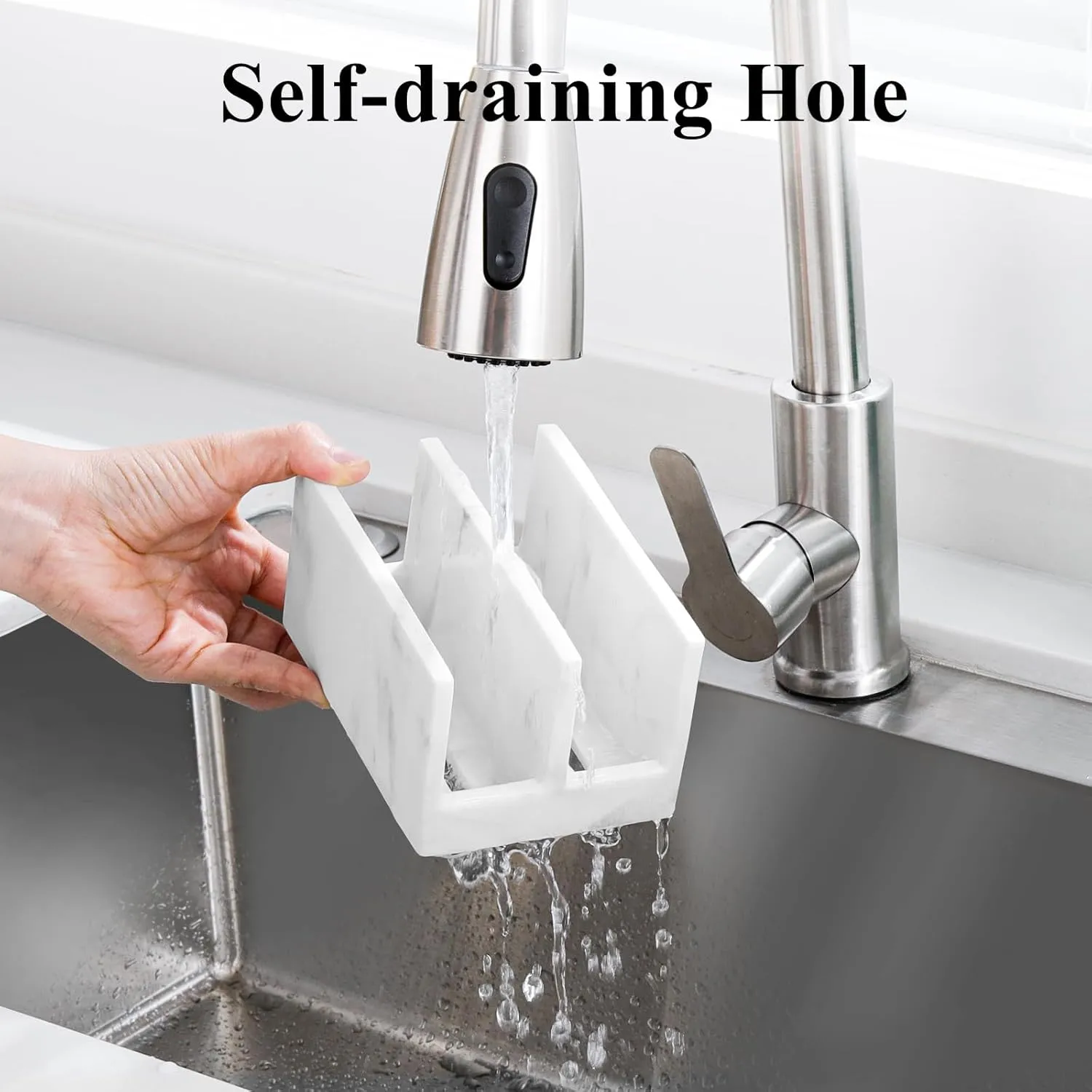 Luxspire Kitchen Sponge Holder, Dish Sponge Holder with with Drain Tray, Marble Sponge Holder for Kitchen Sink, Kitchen Sink Caddy 2 Compartments, Gravel White
